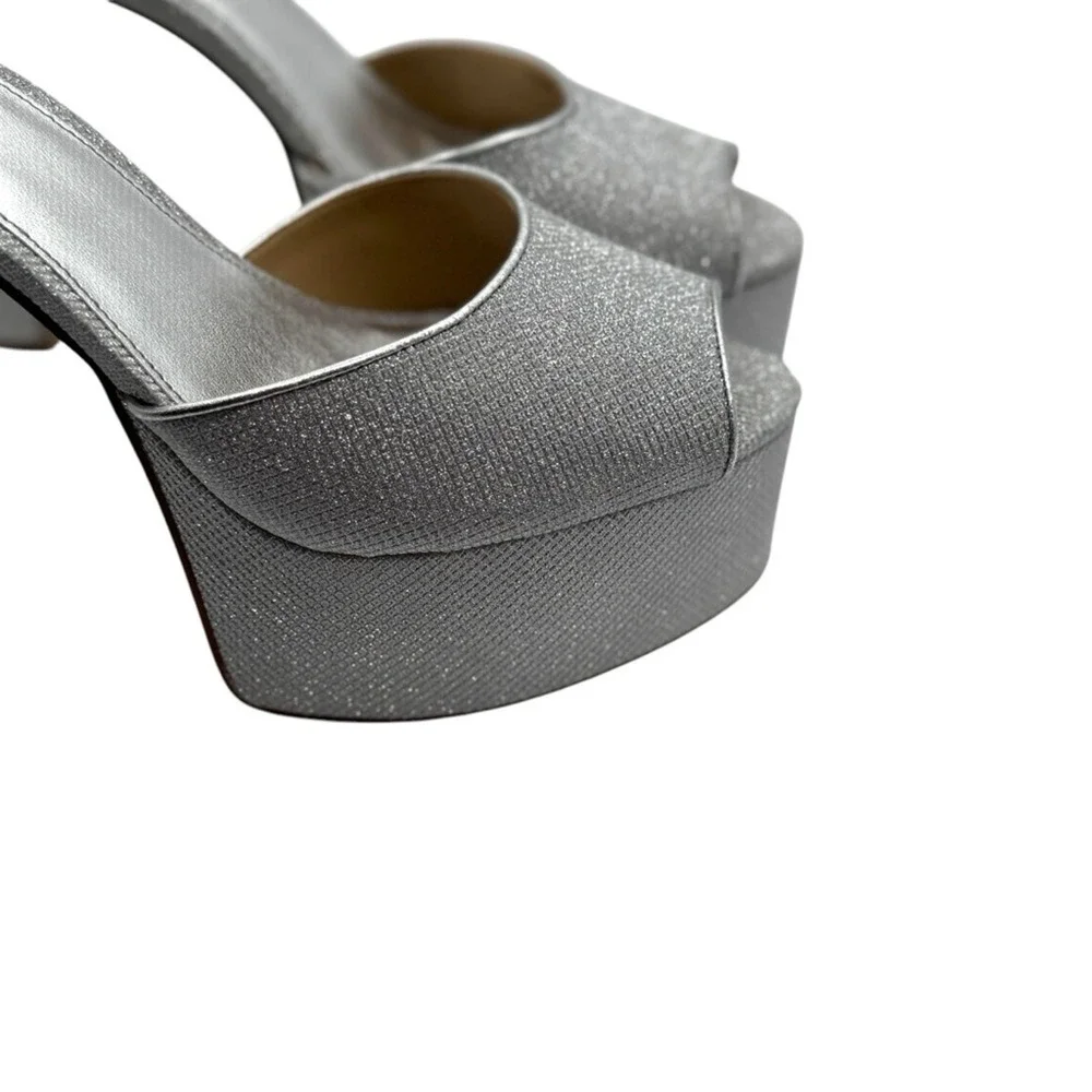 Michael Kors Silver Glitter Platform Stiletto Heel Ankle Strap Peep Toe Size 9.5
